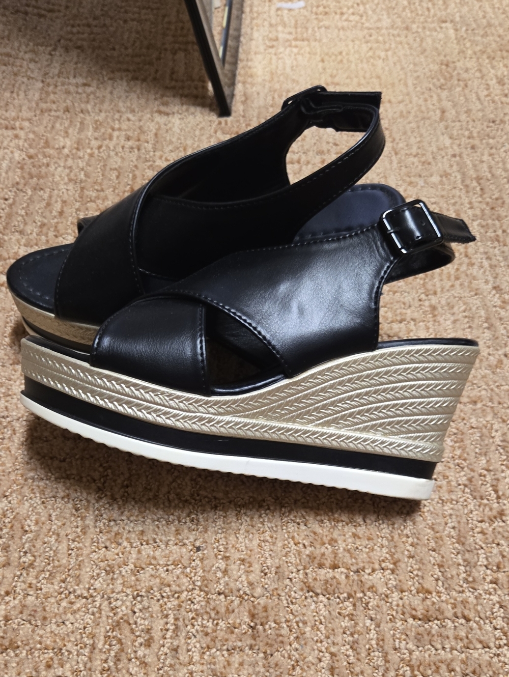 Womens Black Wedge Sandals with Metallic Espadrille Platform